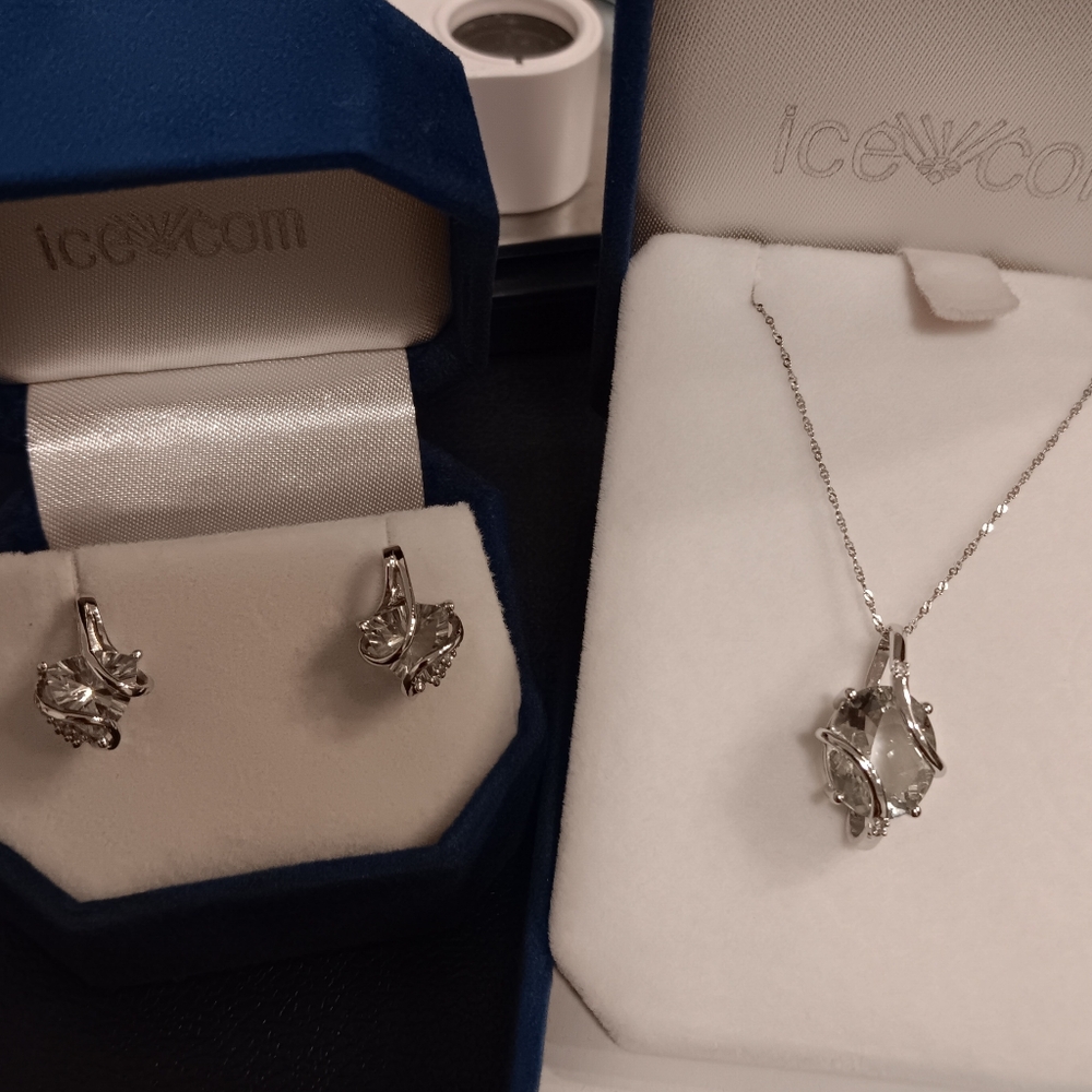 14K White Gold Necklace Earrings Set Green Amethyst" Prasiolite Solid real 14kt